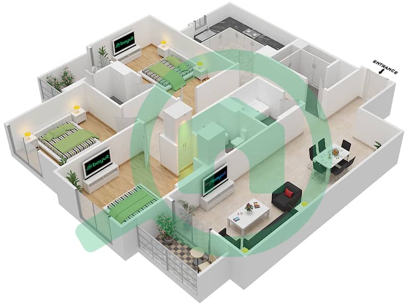 Джанаен Авеню - Апартамент 3 Cпальни планировка Единица измерения 215 C Floor 2 interactive3D