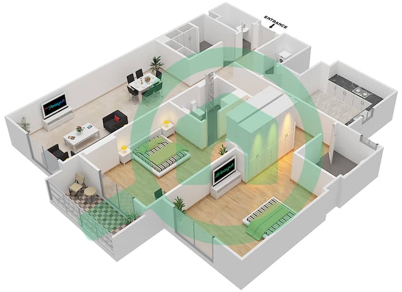 杰纳恩大道 - 2 卧室公寓单位213 C戶型图 Floor 2 interactive3D