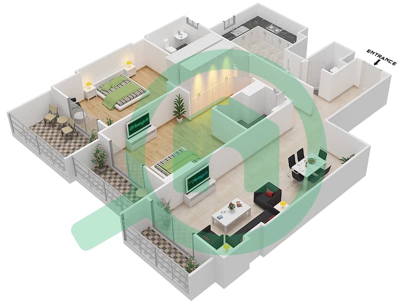 杰纳恩大道 - 2 卧室公寓单位211 C戶型图 Floor 2 interactive3D
