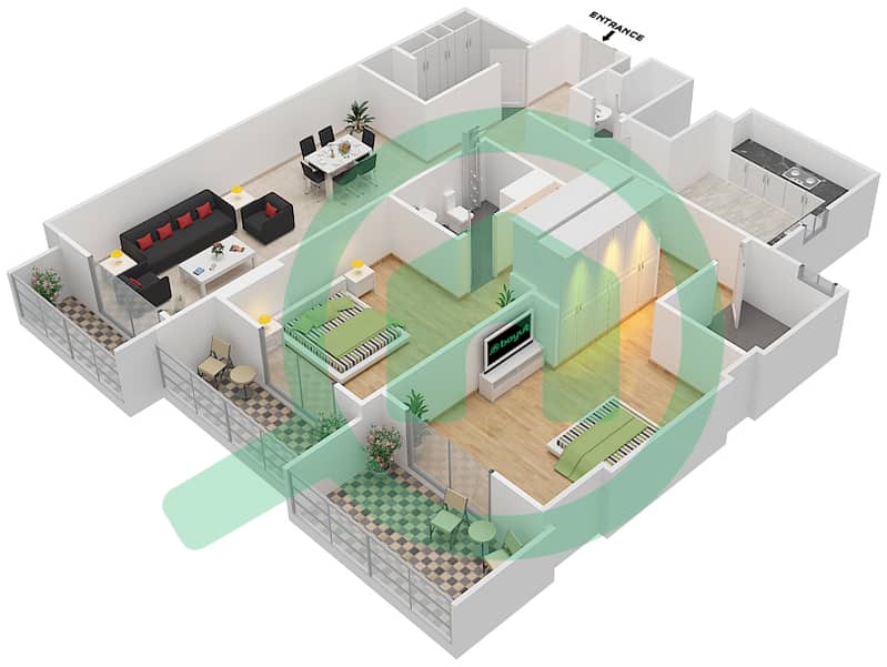 المخططات الطابقية لتصميم الوحدة 202 C شقة 2 غرفة نوم - جناين أفينيو Floor 2 interactive3D
