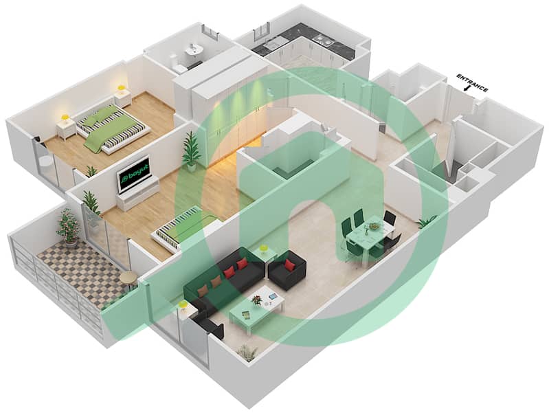 杰纳恩大道 - 2 卧室公寓单位204 C戶型图 Floor 2 interactive3D