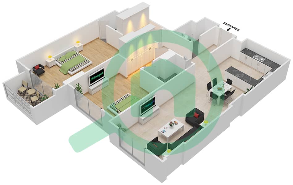 المخططات الطابقية لتصميم الوحدة 206 C شقة 2 غرفة نوم - جناين أفينيو Floor 2 interactive3D