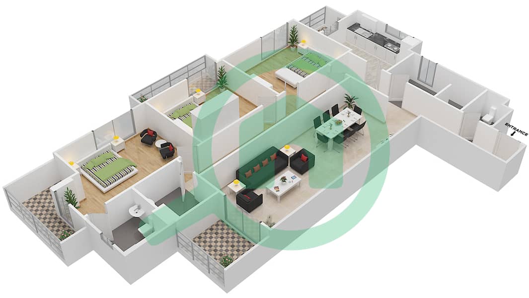 المخططات الطابقية لتصميم الوحدة 209 C شقة 3 غرف نوم - جناين أفينيو Floor 2 interactive3D