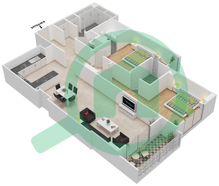 杰纳恩大道 - 2 卧室公寓单位208 C戶型图 Floor 2 interactive3D