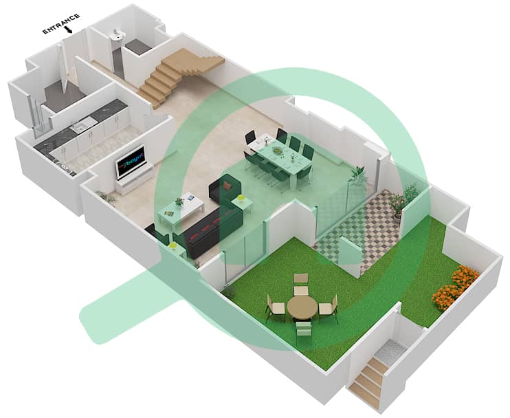 المخططات الطابقية لتصميم الوحدة 4 G شقة 3 غرف نوم - جناين أفينيو Ground Floor interactive3D