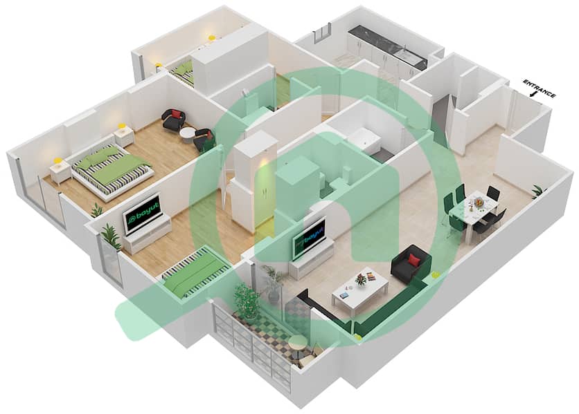 Джанаен Авеню - Апартамент 3 Cпальни планировка Единица измерения 205 C Floor 2 interactive3D