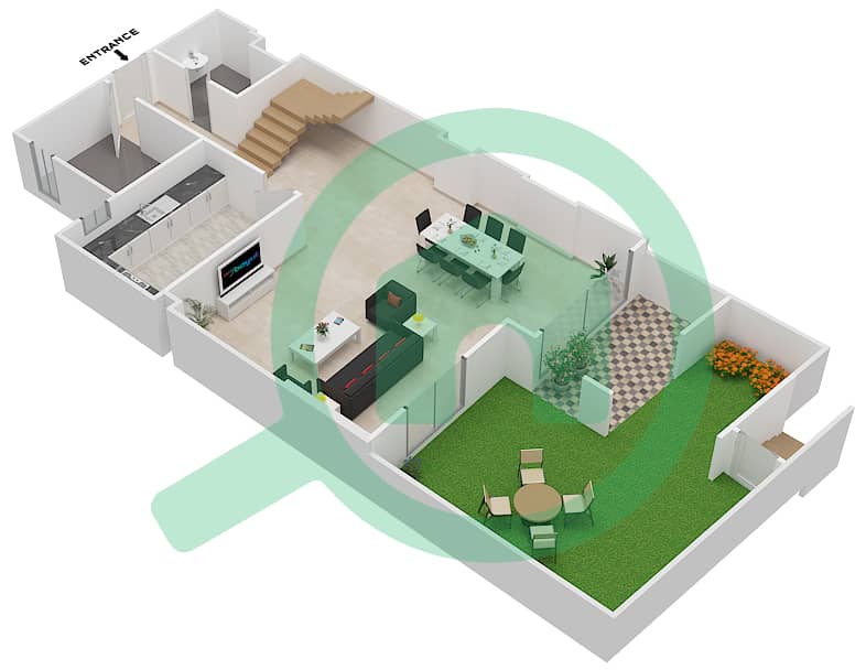 المخططات الطابقية لتصميم الوحدة 2 G شقة 3 غرف نوم - جناين أفينيو Ground Floor interactive3D