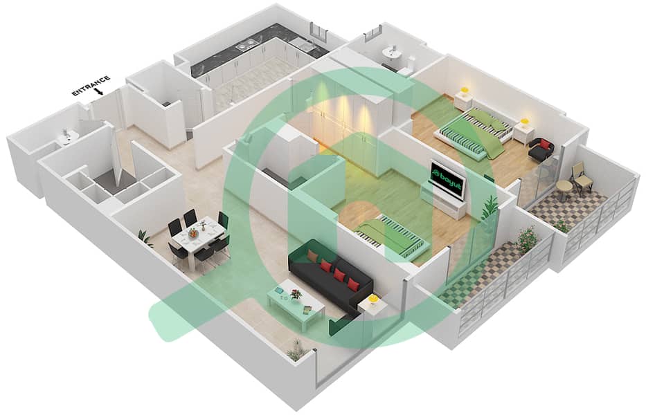 المخططات الطابقية لتصميم الوحدة 203 C شقة 2 غرفة نوم - جناين أفينيو Floor 2 interactive3D
