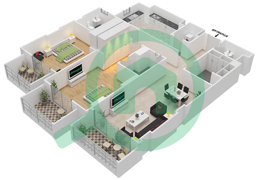 Джанаен Авеню - Апартамент 2 Cпальни планировка Единица измерения 201 C Floor 2 interactive3D