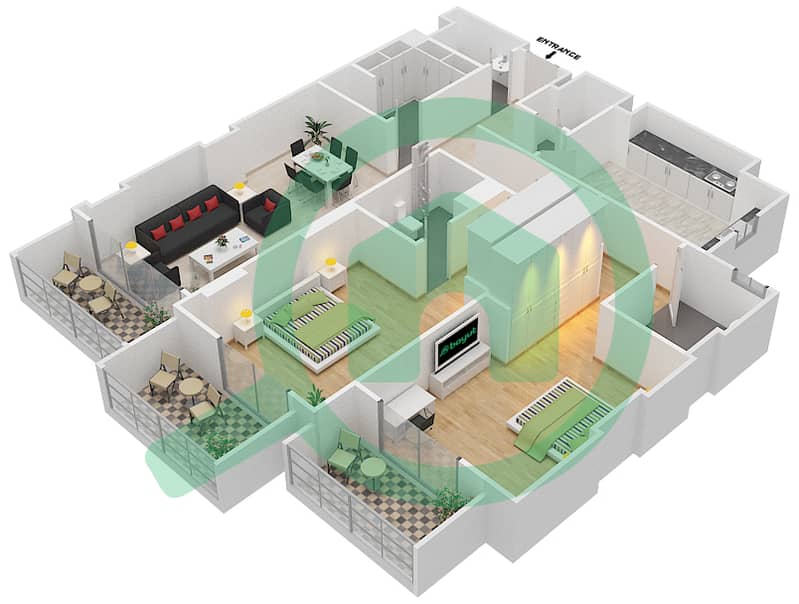 المخططات الطابقية لتصميم الوحدة 210 C شقة 2 غرفة نوم - جناين أفينيو Floor 2 interactive3D