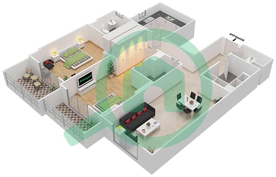 المخططات الطابقية لتصميم الوحدة 212 C شقة 2 غرفة نوم - جناين أفينيو Floor 2 interactive3D
