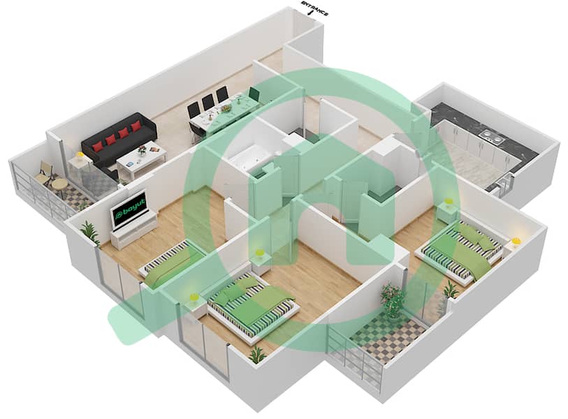 المخططات الطابقية لتصميم الوحدة 214 C شقة 3 غرف نوم - جناين أفينيو Floor 2 interactive3D