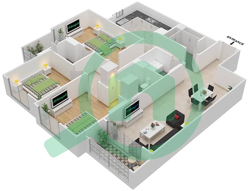 Джанаен Авеню - Апартамент 3 Cпальни планировка Единица измерения 115 C Floor 1 interactive3D