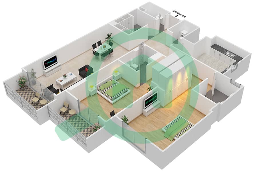 المخططات الطابقية لتصميم الوحدة 113 C شقة 2 غرفة نوم - جناين أفينيو Floor 1 interactive3D