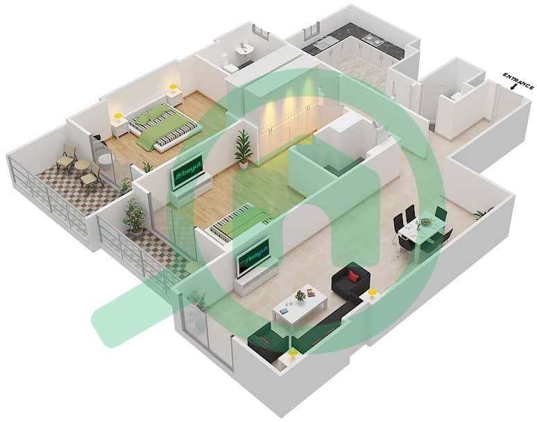 المخططات الطابقية لتصميم الوحدة 111 C شقة 2 غرفة نوم - جناين أفينيو Floor 1 interactive3D
