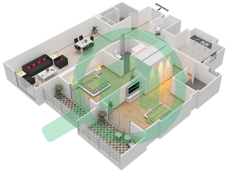 المخططات الطابقية لتصميم الوحدة 102 C شقة 2 غرفة نوم - جناين أفينيو Floor 1 interactive3D