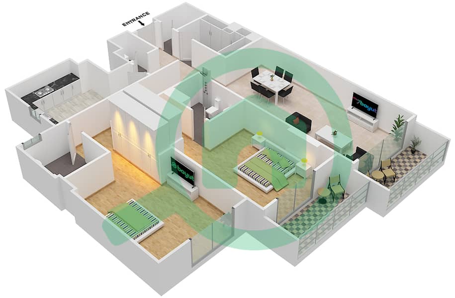 المخططات الطابقية لتصميم الوحدة 104 C شقة 2 غرفة نوم - جناين أفينيو Floor 1 interactive3D