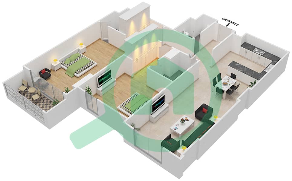 杰纳恩大道 - 2 卧室公寓单位106 C戶型图 Floor 1 interactive3D