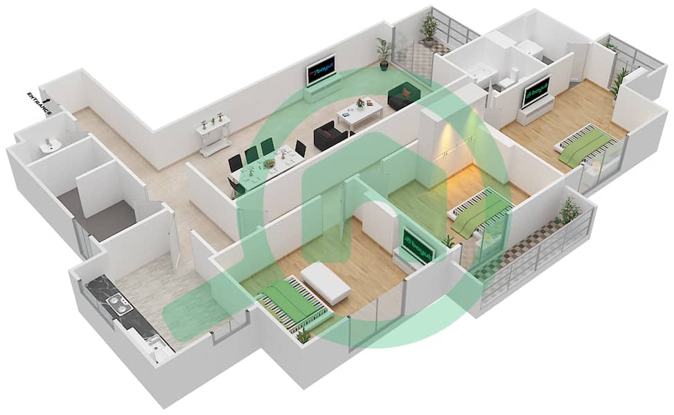 المخططات الطابقية لتصميم الوحدة 109 C شقة 3 غرف نوم - جناين أفينيو Floor 1 interactive3D