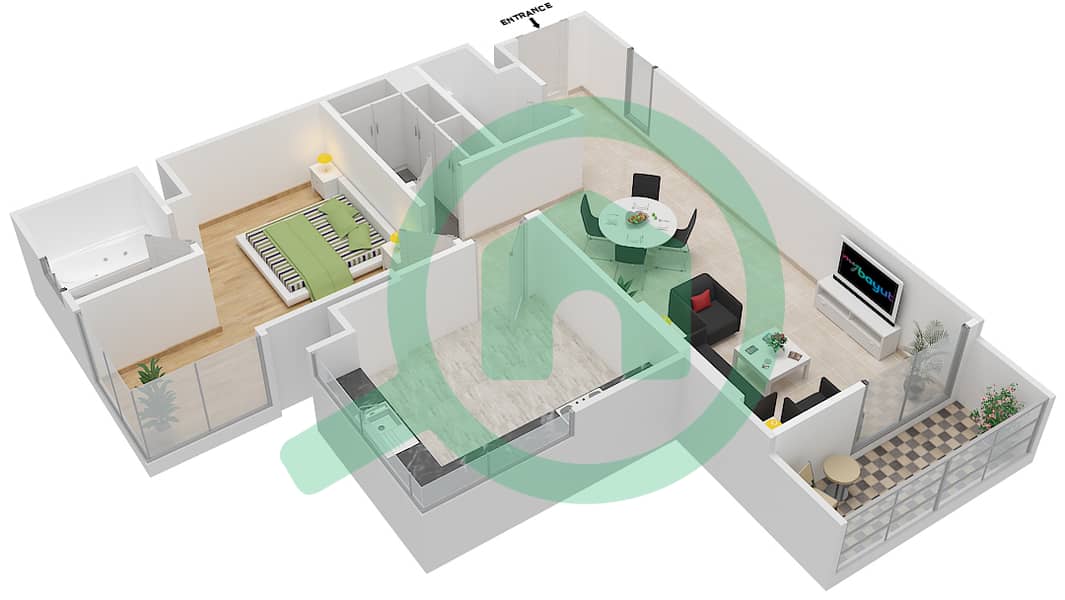 杰纳恩大道 - 1 卧室公寓单位107 C戶型图 Floor 1 interactive3D
