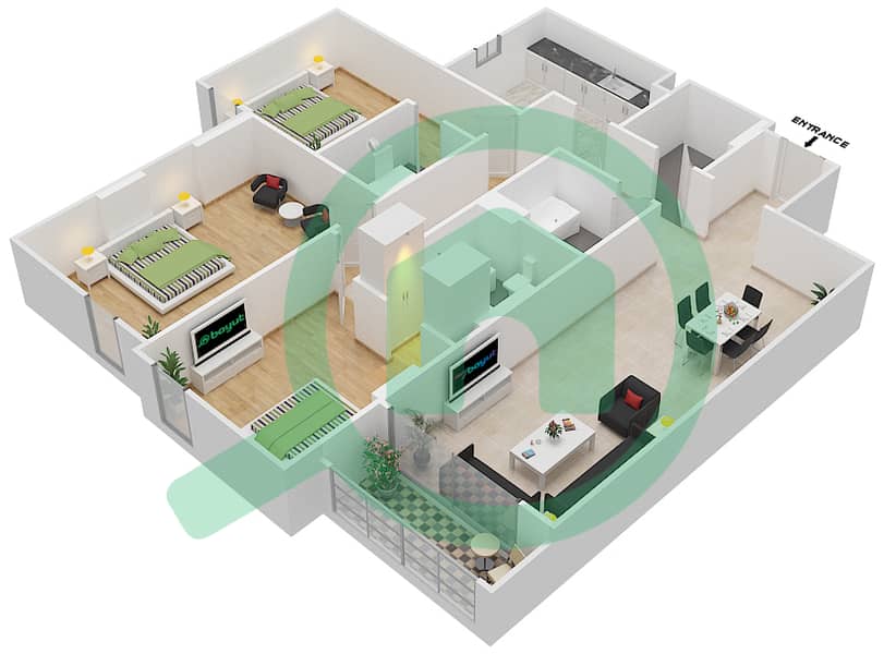 المخططات الطابقية لتصميم الوحدة 105 C شقة 3 غرف نوم - جناين أفينيو Floor 1 interactive3D