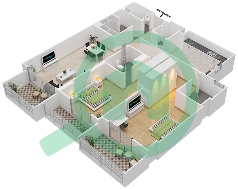 杰纳恩大道 - 2 卧室公寓单位103 C戶型图 Floor 1 interactive3D
