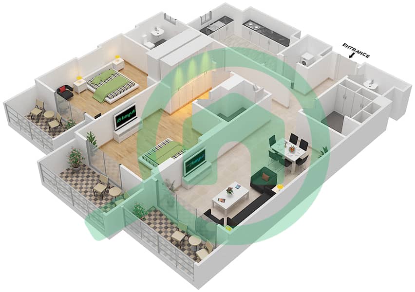 المخططات الطابقية لتصميم الوحدة 101 C شقة 2 غرفة نوم - جناين أفينيو Floor 1 interactive3D
