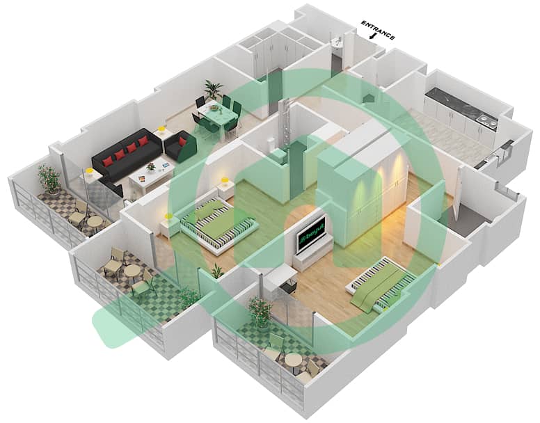 المخططات الطابقية لتصميم الوحدة 110 C شقة 2 غرفة نوم - جناين أفينيو Floor 1 interactive3D