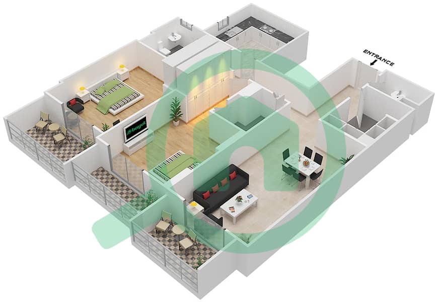 المخططات الطابقية لتصميم الوحدة 112 C شقة 2 غرفة نوم - جناين أفينيو Floor 1 interactive3D