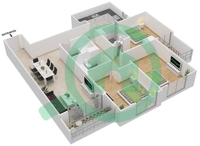 المخططات الطابقية لتصميم الوحدة 114 C شقة 3 غرف نوم - جناين أفينيو