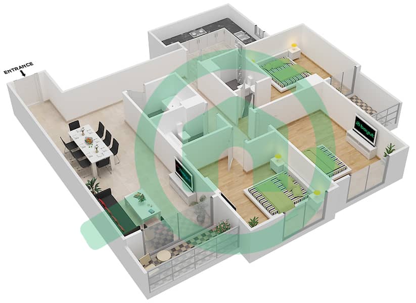 المخططات الطابقية لتصميم الوحدة 114 C شقة 3 غرف نوم - جناين أفينيو Floor 1 interactive3D