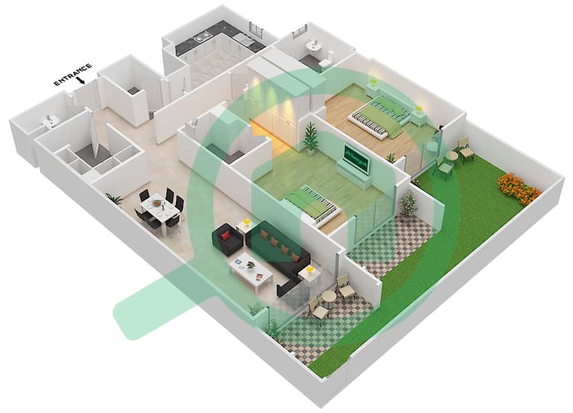 المخططات الطابقية لتصميم الوحدة 13 C شقة 2 غرفة نوم - جناين أفينيو Ground Floor interactive3D