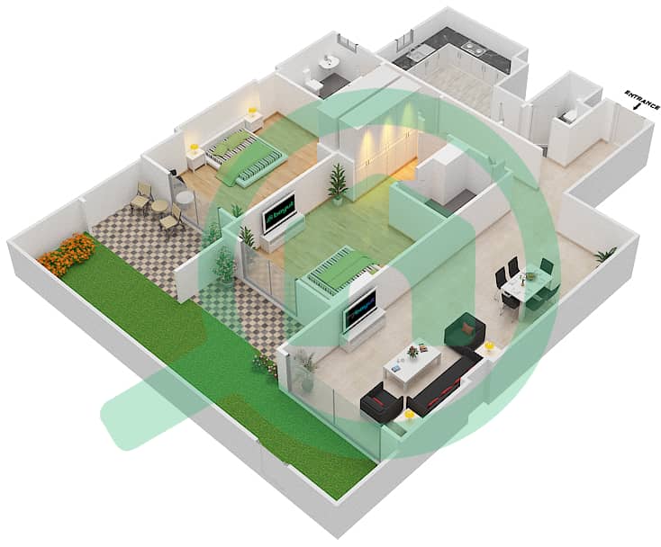 المخططات الطابقية لتصميم الوحدة 11 C شقة 2 غرفة نوم - جناين أفينيو Ground Floor interactive3D