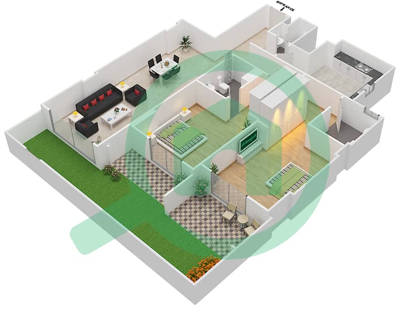 المخططات الطابقية لتصميم الوحدة 2 C شقة 2 غرفة نوم - جناين أفينيو Ground Floor interactive3D