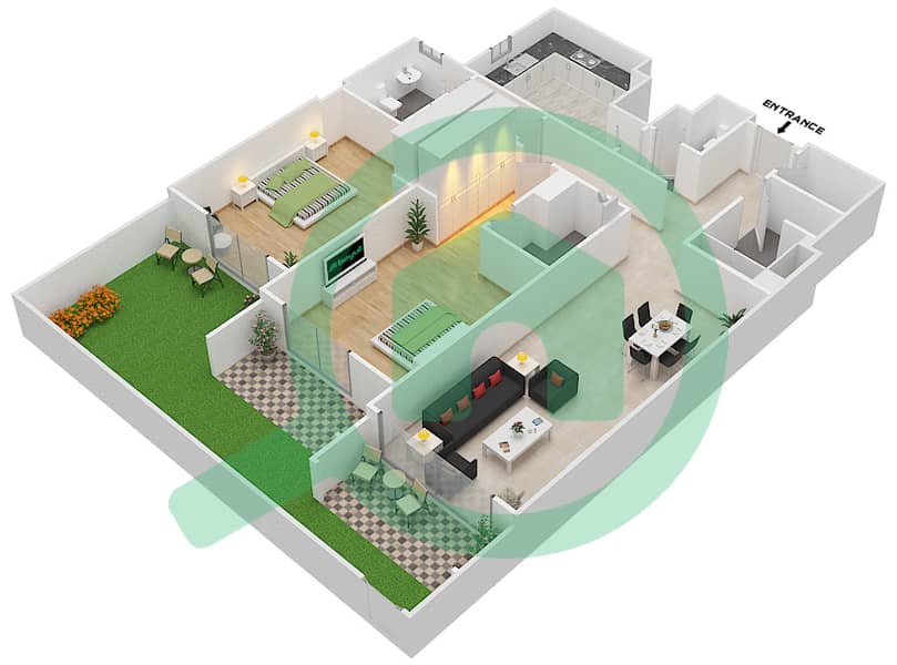 المخططات الطابقية لتصميم الوحدة 4 C شقة 2 غرفة نوم - جناين أفينيو Ground Floor interactive3D