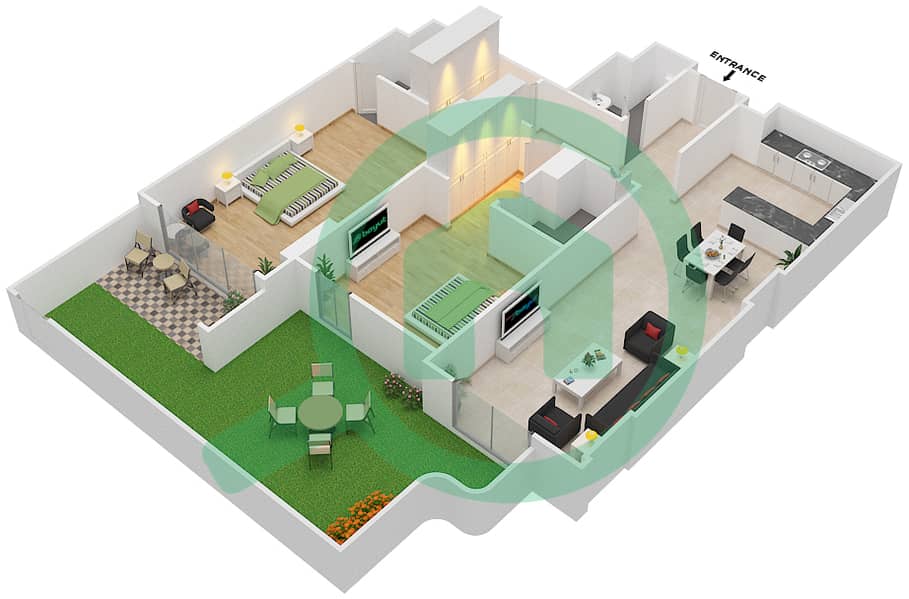 المخططات الطابقية لتصميم الوحدة 6 C شقة 2 غرفة نوم - جناين أفينيو Ground Floor interactive3D