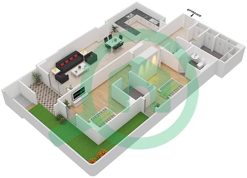 المخططات الطابقية لتصميم الوحدة 8 C شقة 2 غرفة نوم - جناين أفينيو Ground Floor interactive3D