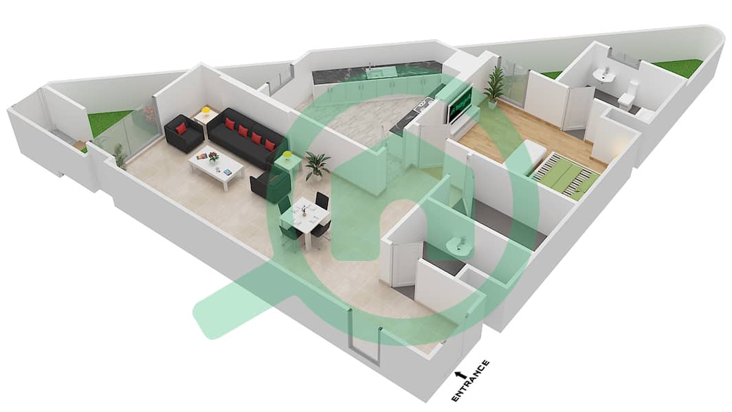 المخططات الطابقية لتصميم الوحدة 7 C شقة 1 غرفة نوم - جناين أفينيو Ground Floor interactive3D
