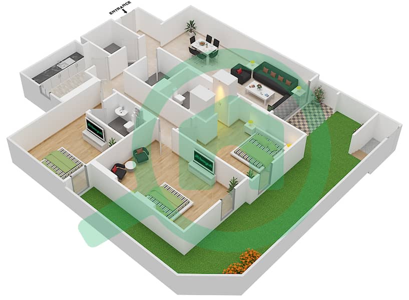 المخططات الطابقية لتصميم الوحدة 5 C شقة 3 غرف نوم - جناين أفينيو Ground Floor interactive3D