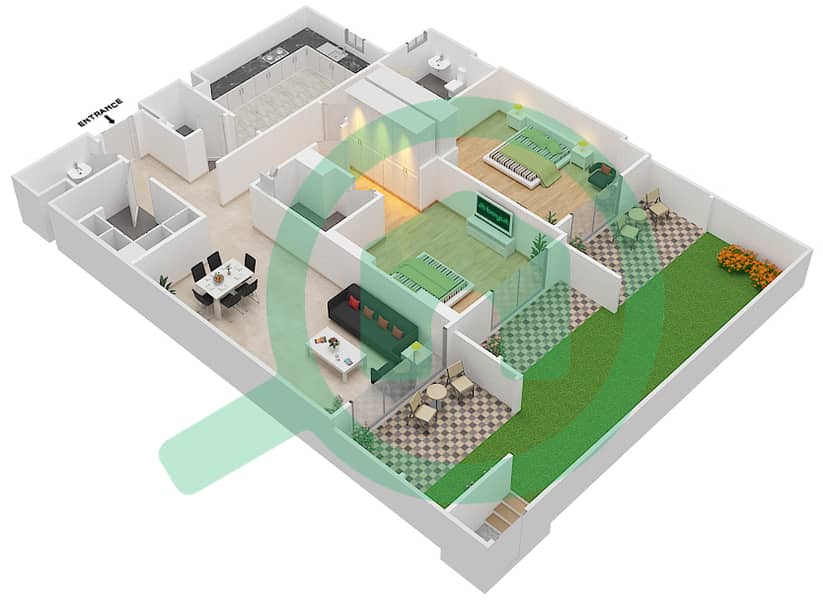 Джанаен Авеню - Апартамент 2 Cпальни планировка Единица измерения 3 C Ground Floor interactive3D