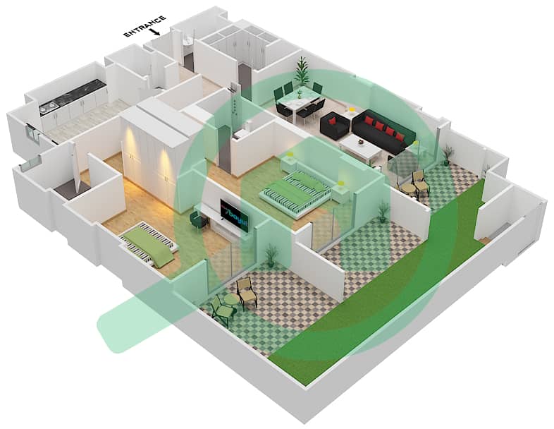 Джанаен Авеню - Апартамент 2 Cпальни планировка Единица измерения 1 C Ground Floor interactive3D