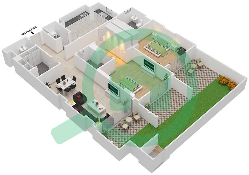 المخططات الطابقية لتصميم الوحدة 10 C شقة 2 غرفة نوم - جناين أفينيو Ground Floor interactive3D