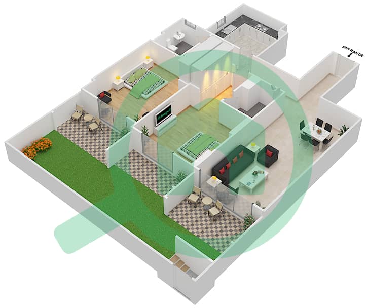 المخططات الطابقية لتصميم الوحدة 12 C شقة 2 غرفة نوم - جناين أفينيو Ground Floor interactive3D