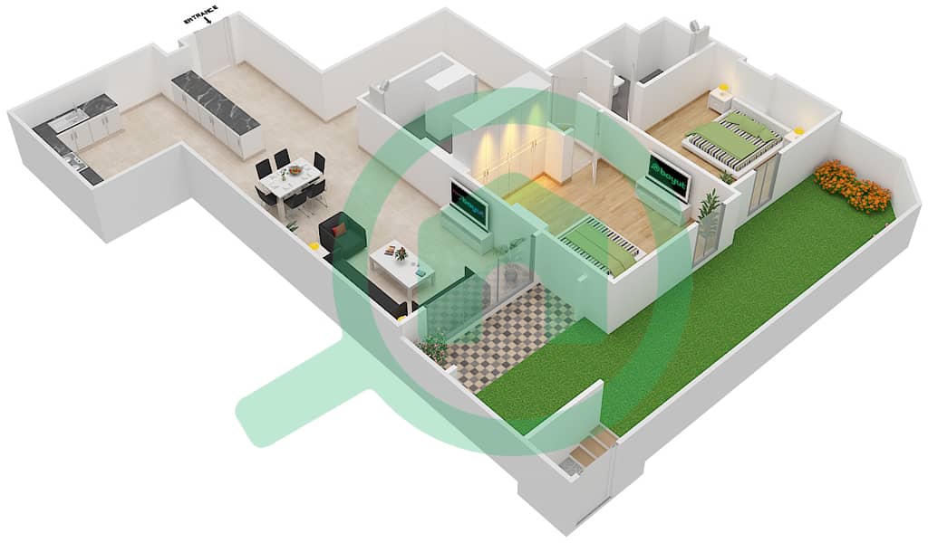 المخططات الطابقية لتصميم الوحدة 14 شقة 2 غرفة نوم - جناين أفينيو Ground Floor interactive3D