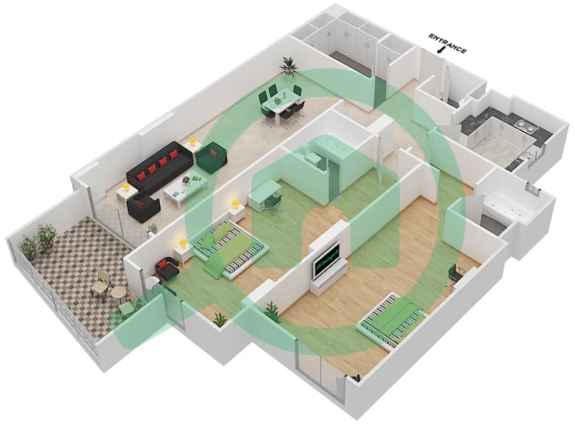Джанаен Авеню - Апартамент 2 Cпальни планировка Единица измерения 206 H Floor 2 interactive3D