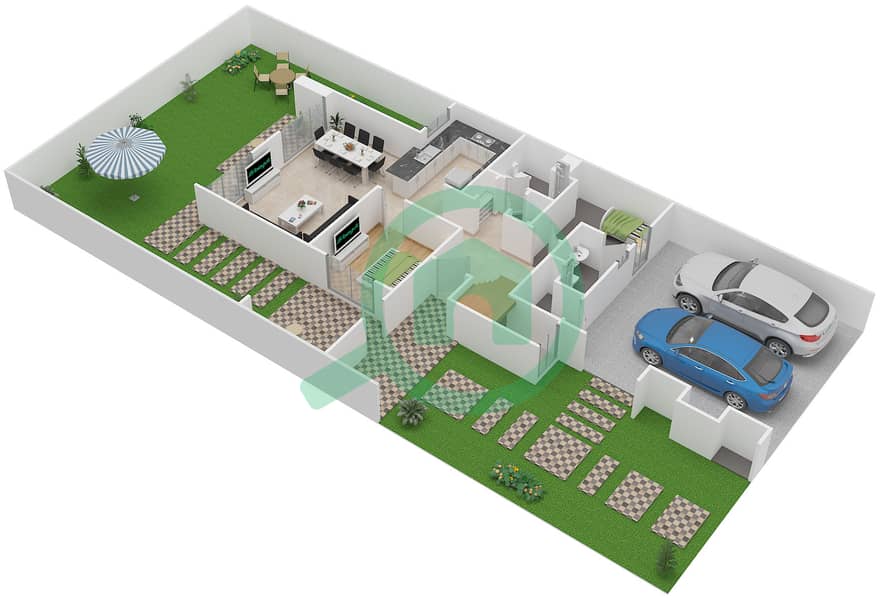 المخططات الطابقية لتصميم النموذج / الوحدة 2/2E تاون هاوس 4 غرف نوم - ميبل 3 Ground Floor interactive3D