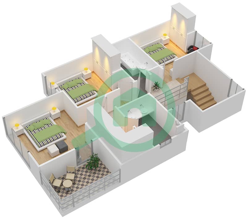 枫叶3区 - 4 卧室联排别墅类型／单位2/2E戶型图 First Floor interactive3D