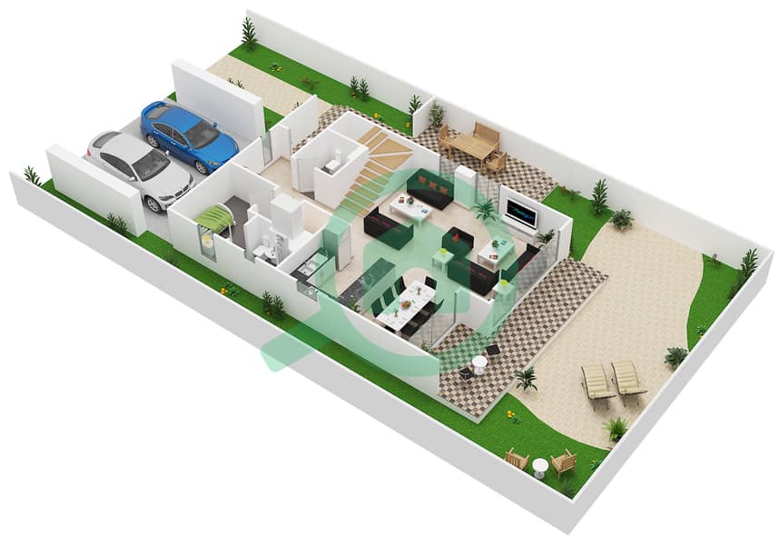 المخططات الطابقية لتصميم النموذج 1 فیلا 3 غرف نوم - كلوب فيلاز Ground Floor interactive3D