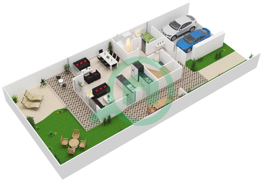 المخططات الطابقية لتصميم النموذج 2 فیلا 3 غرف نوم - كلوب فيلاز Ground Floor interactive3D