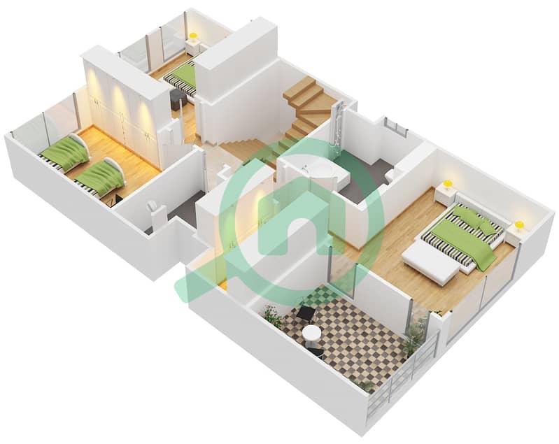 Клаб Виллы - Вилла 3 Cпальни планировка Тип 2 First Floor interactive3D